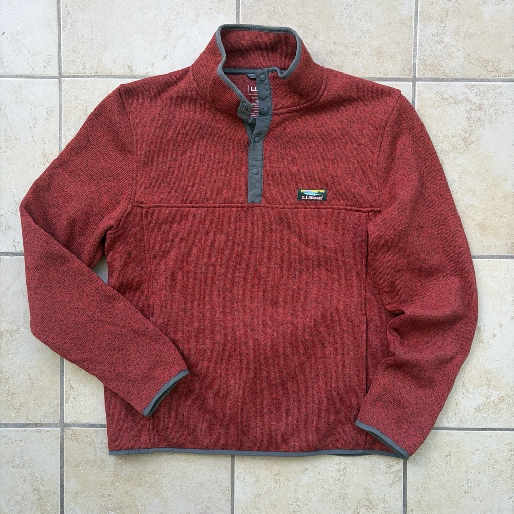 LL Bean Sweater Mens Medium Red Orange Fleece Snap T Pullover Outdoor Preppy - Picture 1 of 7